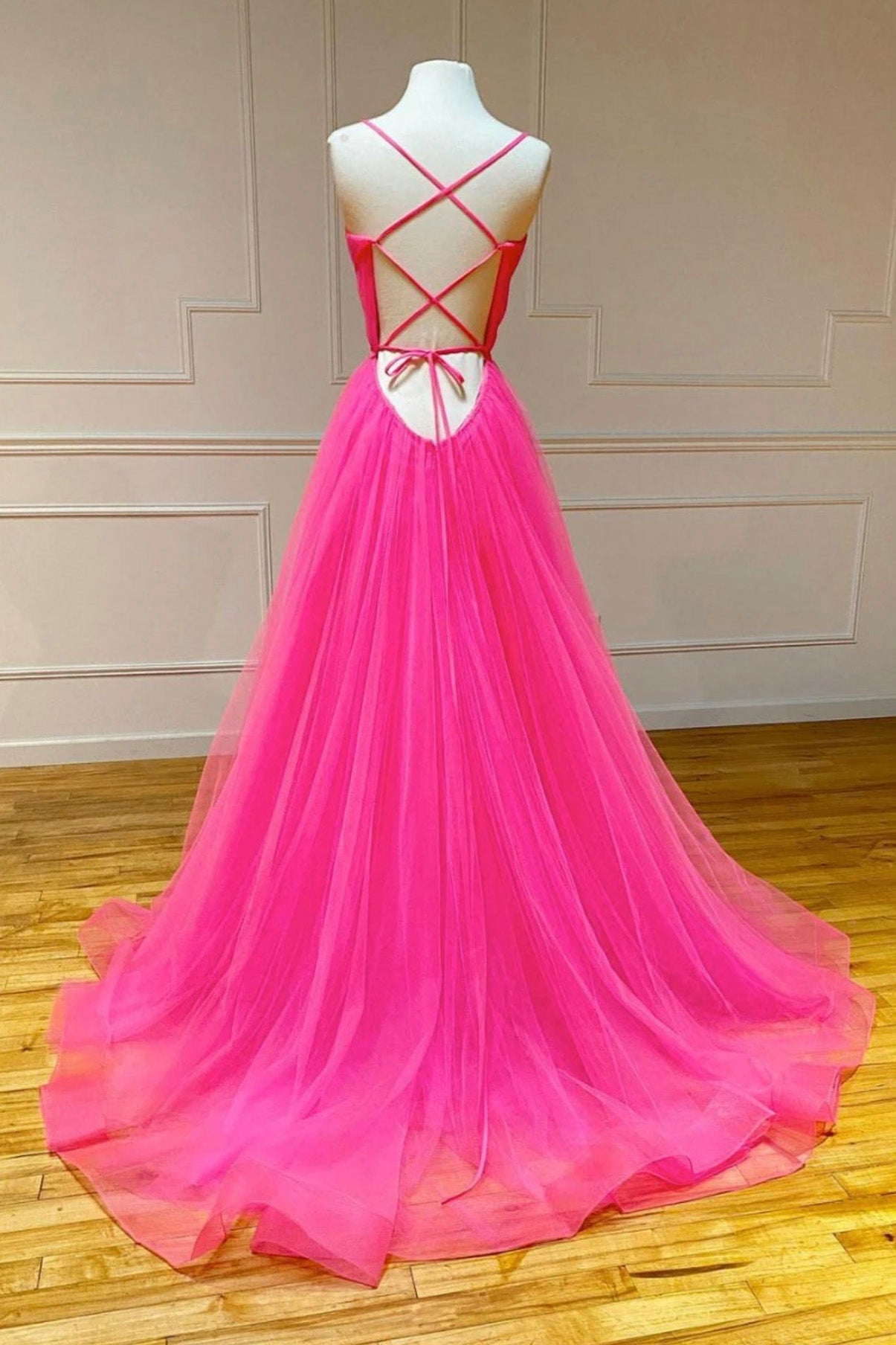 Hot Pink Tulle Long Prom Dress, Beautiful A-Line Backless Evening Dress