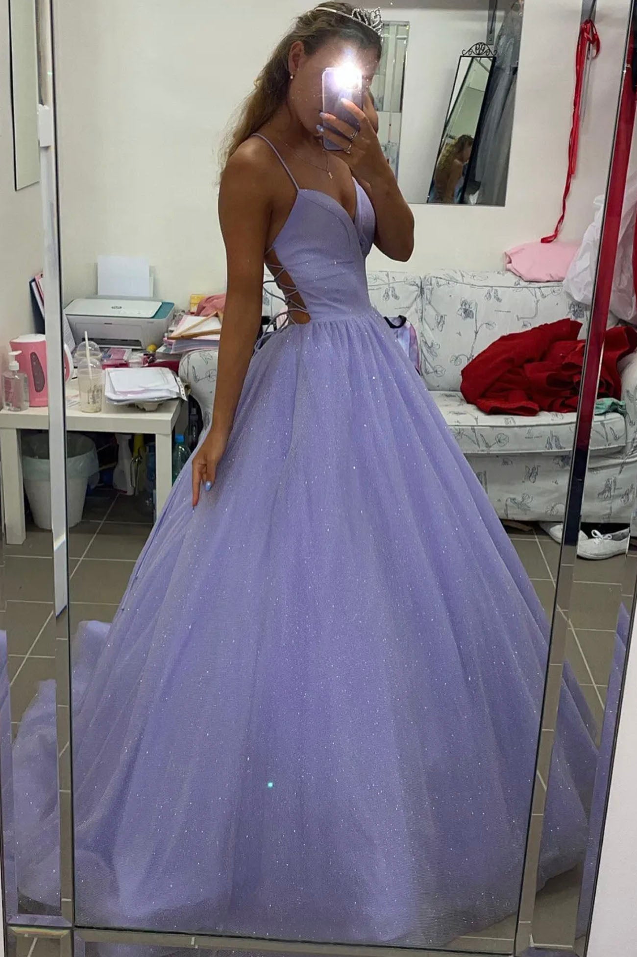 Purple Spaghetti Strap Tulle Long Prom Dress, A-Line Backless Evening Dress