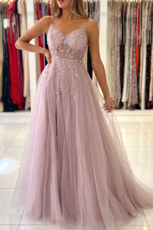 Pink V-neck Spaghetti Strap Tulle Beaded Long Prom Dress