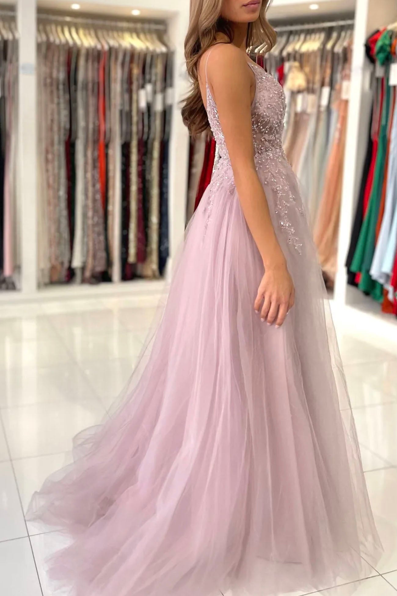 Pink V-neck Spaghetti Strap Tulle Beaded Long Prom Dress