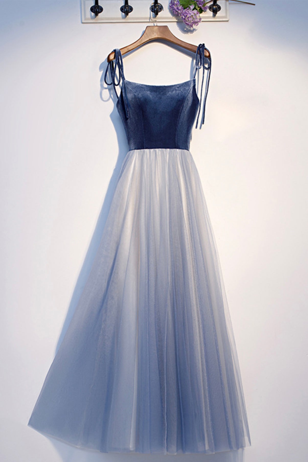 Blue Spaghetti Strap Velvet Tulle Long Prom Dress, Blue Tulle Evening Dress