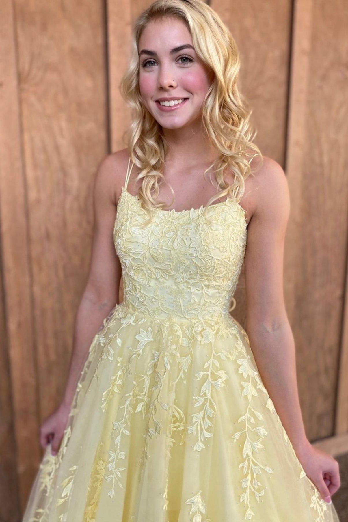 Yellow Spaghetti Strap Tulle Lace Long Prom Dress, A-Line Backless Evening Dress