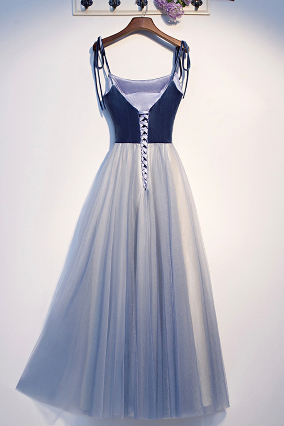 Blue Spaghetti Strap Velvet Tulle Long Prom Dress, Blue Tulle Evening Dress