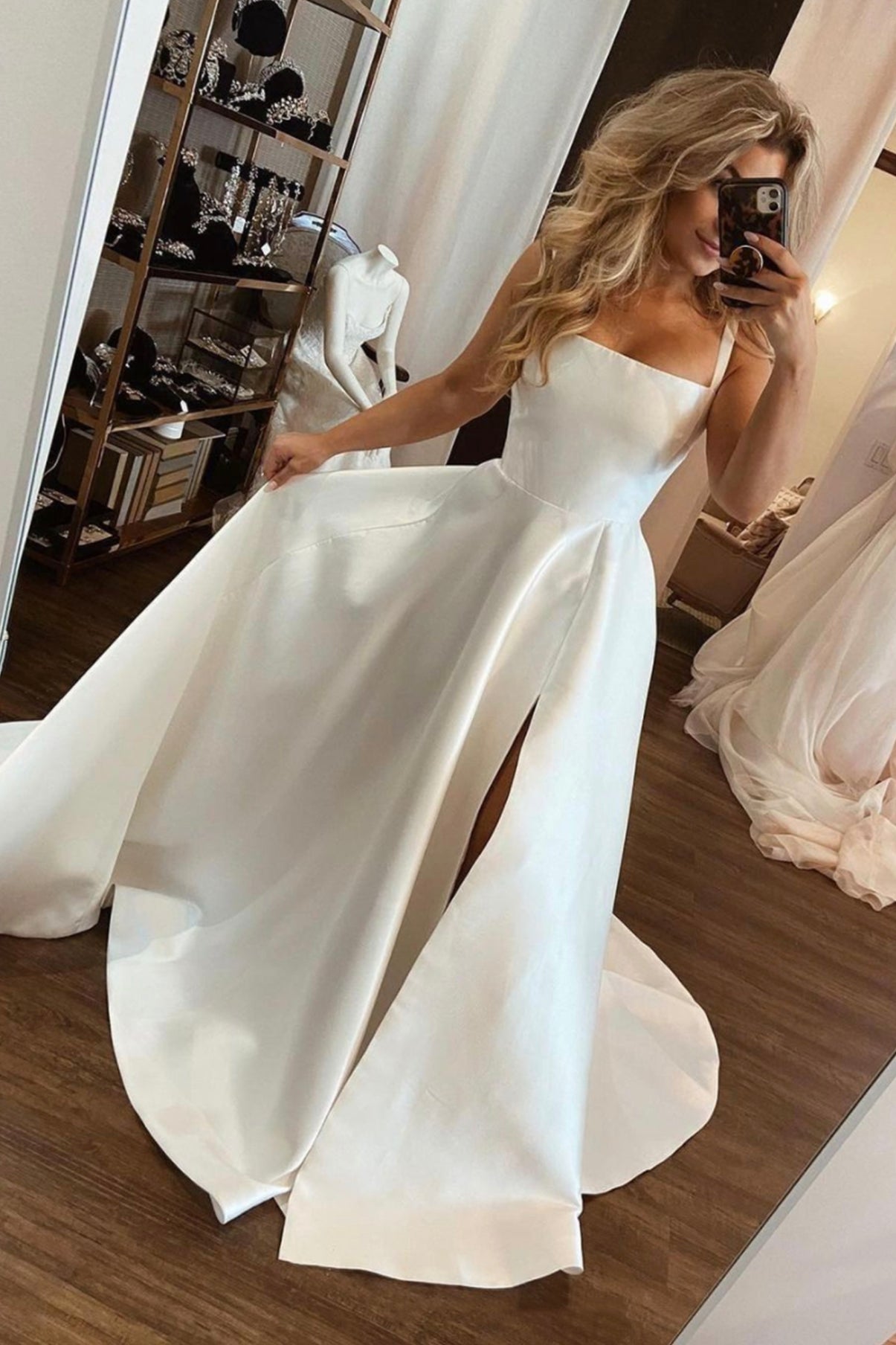White Satin Floor Length Prom Dress with Slit