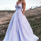 Purple V-Neck Spaghetti Strap Tulle Long Prom Dress, A-Line Backless Evening Dress