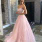 Pink Strapless Tulle Lace Long Prom Dress