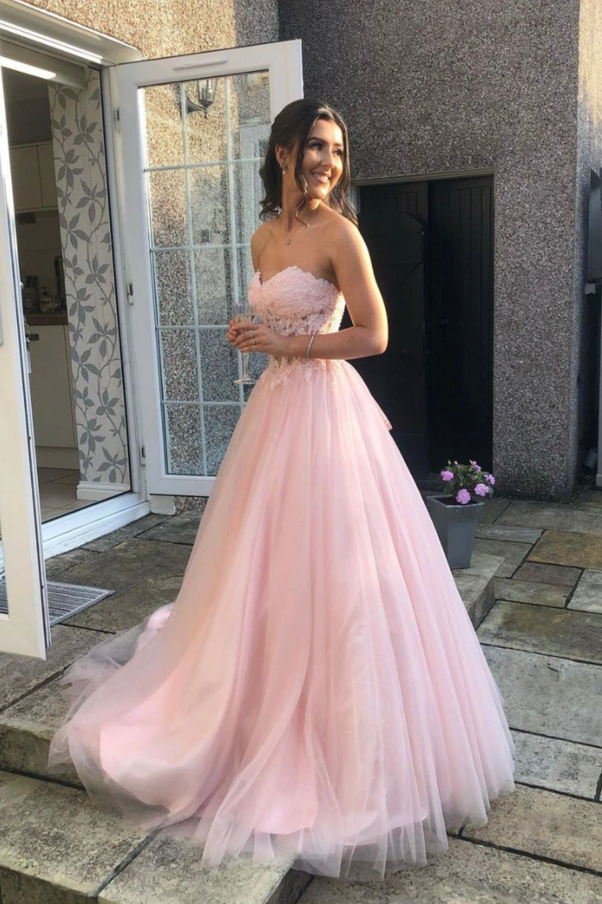 Pink Strapless Tulle Lace Long Prom Dress