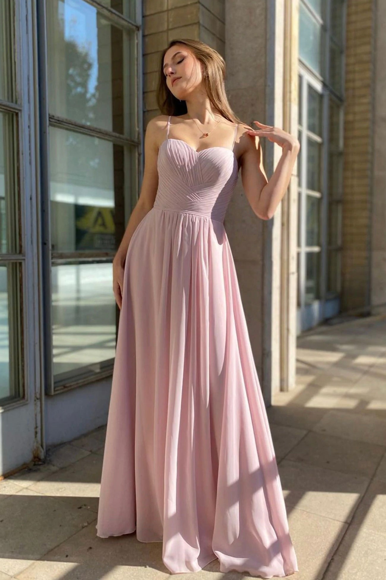Pink Spaghetti Strap Chiffon Long Prom Dress, Simple A-line Evening Dress