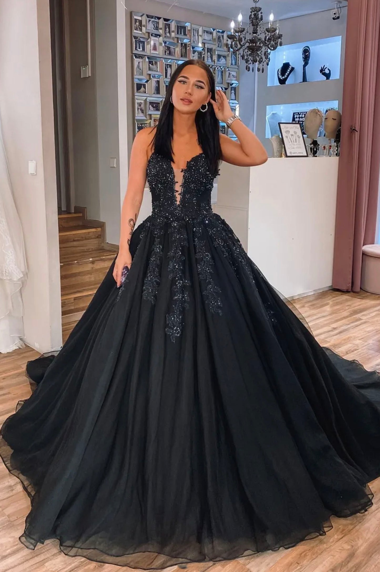 Black Spaghetti Strap Lace Long Prom Dress, Black A-Line Evening Gown