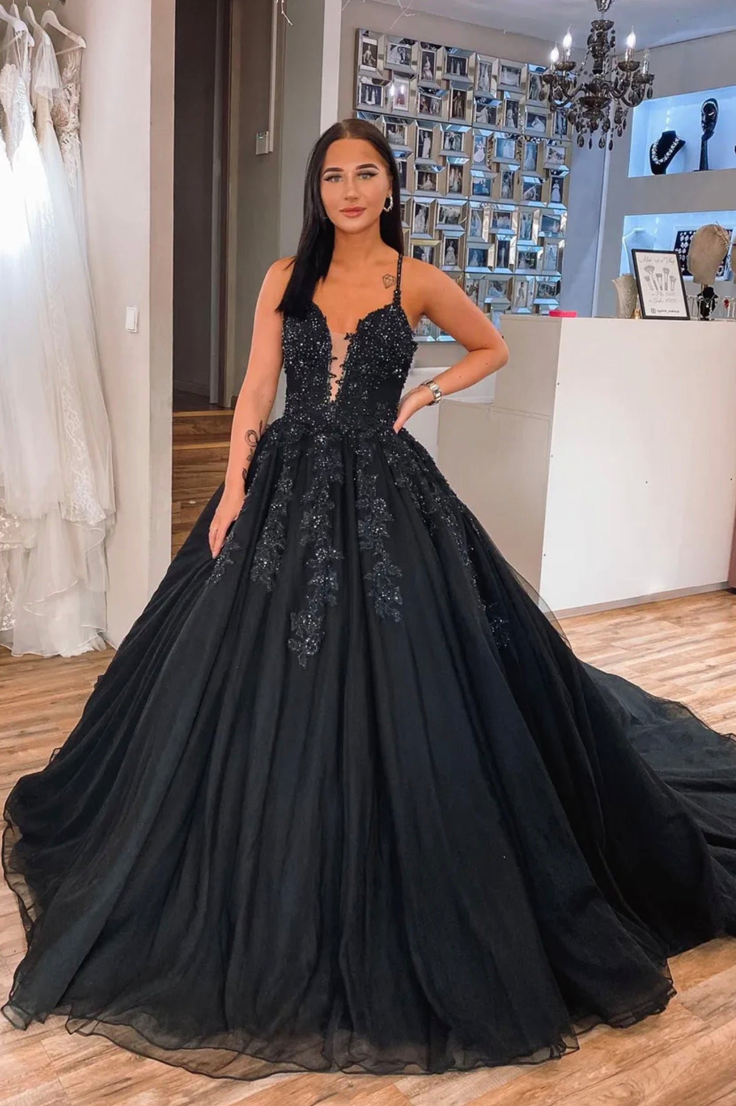 Black Spaghetti Strap Lace Long Prom Dress, Black A-Line Evening Gown