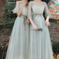 Gray Tulle Lace Long Prom Dress, Cute A-Line Party Dress