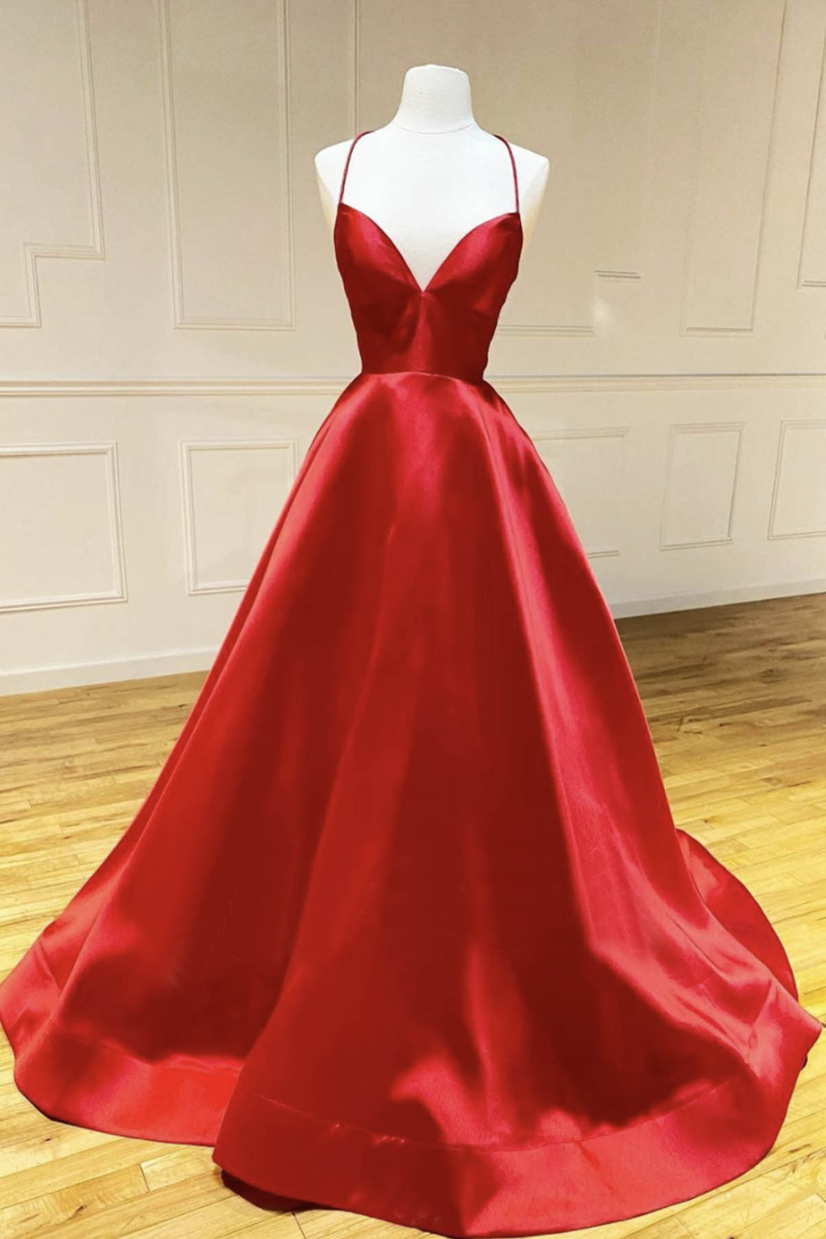 Red Satin Long Prom Dress, Simple A-Line Backless Evening Dress