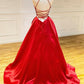 Red Satin Long Prom Dress, Simple A-Line Backless Evening Dress