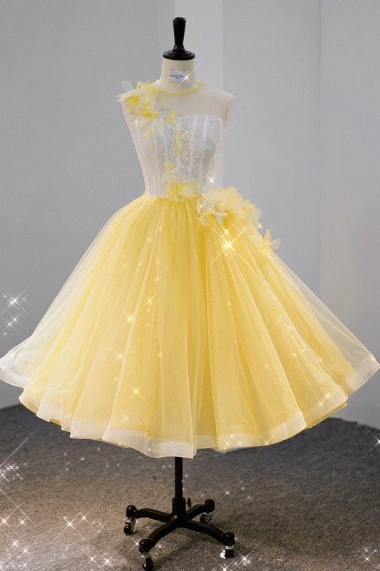 Yellow tulle lace short prom dress homecoming dress
