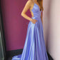 Lilac Satin V-neck Spaghetti Straps Long Prom Dress with Pockets