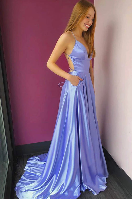 Lilac Satin V-neck Spaghetti Straps Long Prom Dress with Pockets