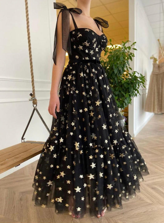 Black Tulle Sequins Long Prom Dress with Stars