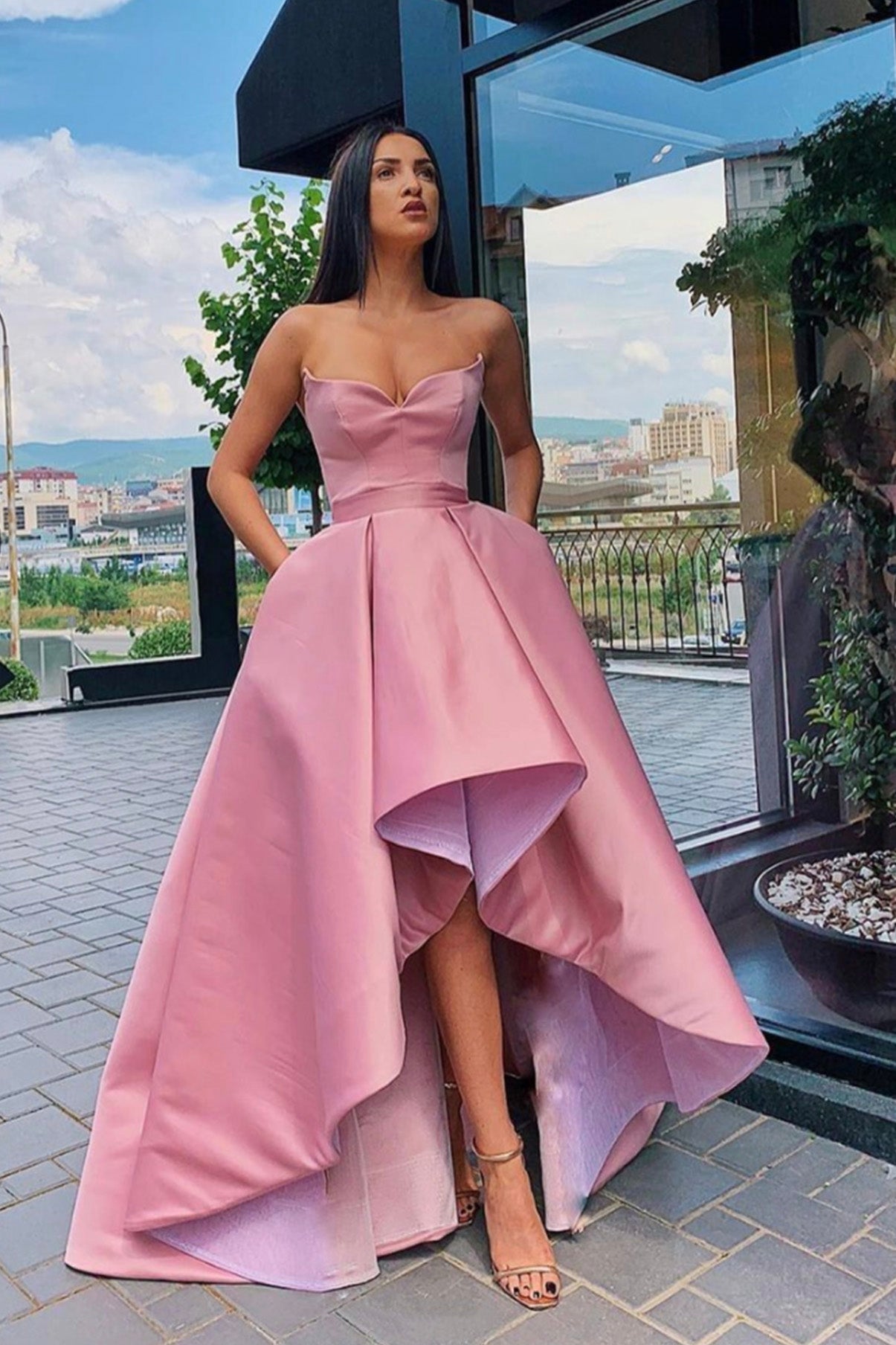 Pink Strapless Satin High Low Prom Dress