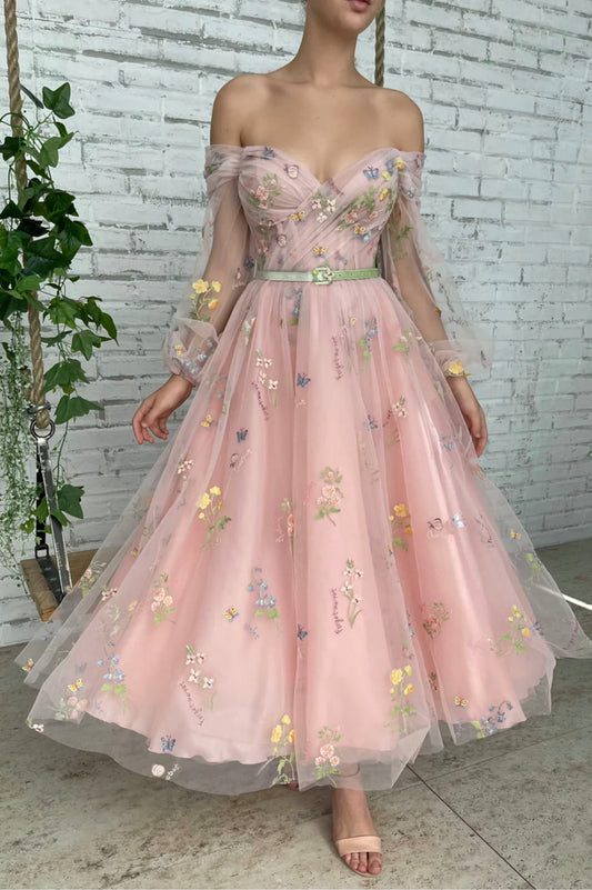 Pink Tulle Lace Short Prom Dress, Off the Shoulder Evening Party Dress