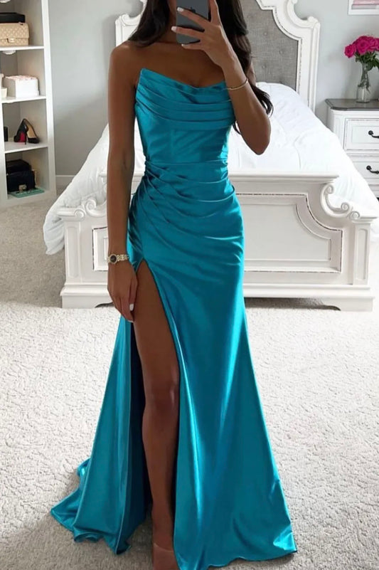Blue satin long prom dress mermaid evening dress