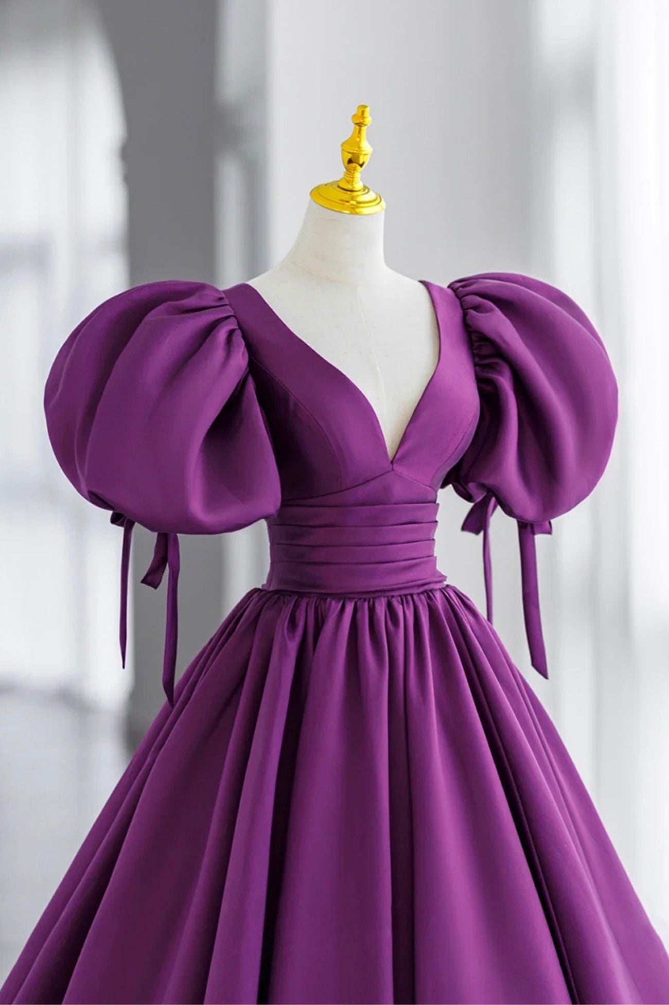 Purple V-Neck Satin Long Prom Dresses