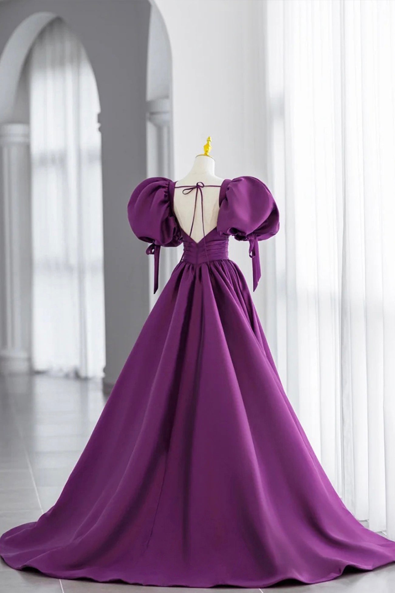 Purple V-Neck Satin Long Prom Dresses
