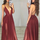 A line backless burgundy tulle long prom dress, burgundy evening dress