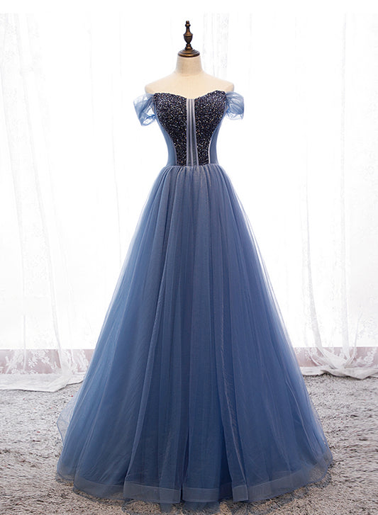 Blue tulle beads long ball gown dress formal dress
