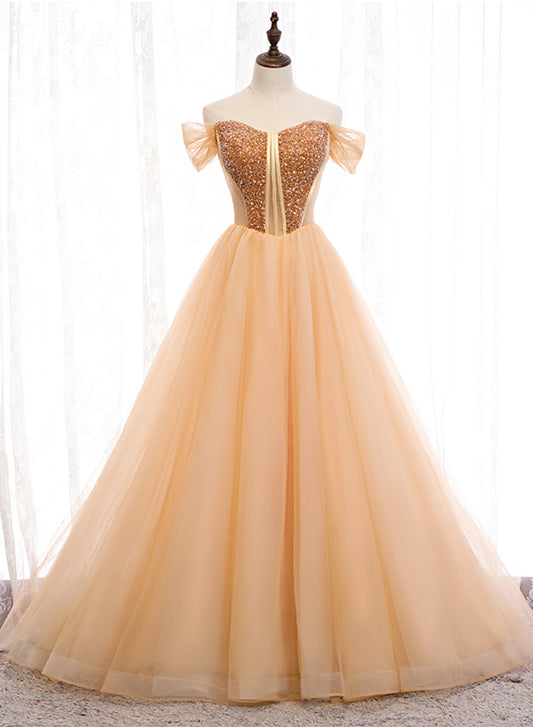 Gold tulle beads long ball gown dress formal dress