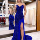 V-Neck Sequins Long Backless Prom Evening Dresses with Feather