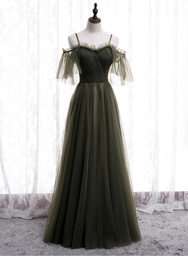 Green Tulle Long Prom Dress, A-Line Spaghetti Strap Evening Dress