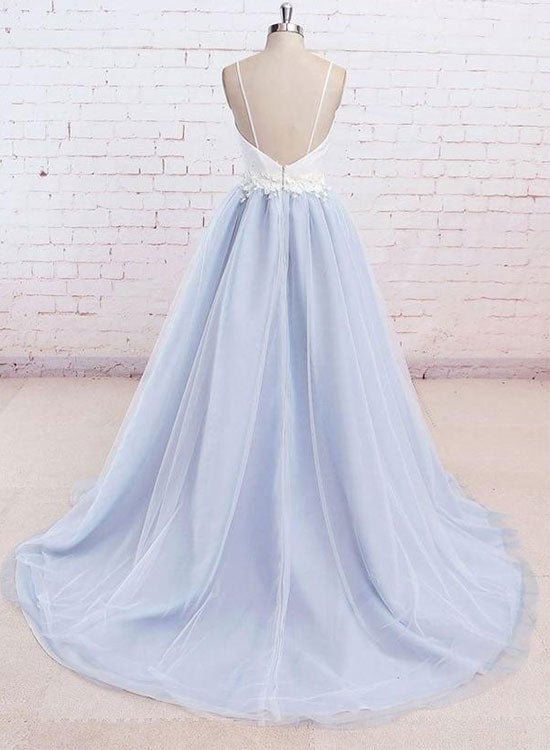 Beautiful V-neck Baby Blue Floor Length Prom Dress, Blue Evening Party Dress