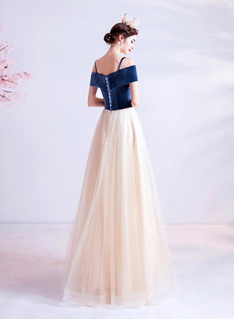 Blue Velvet and Champagne Tulle Long Prom Dress