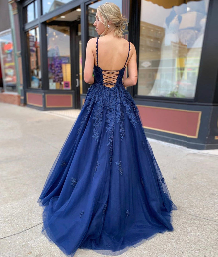 Blue Tulle Lace Long Prom Dress, Beautiful A-Line Evening Party Dress
