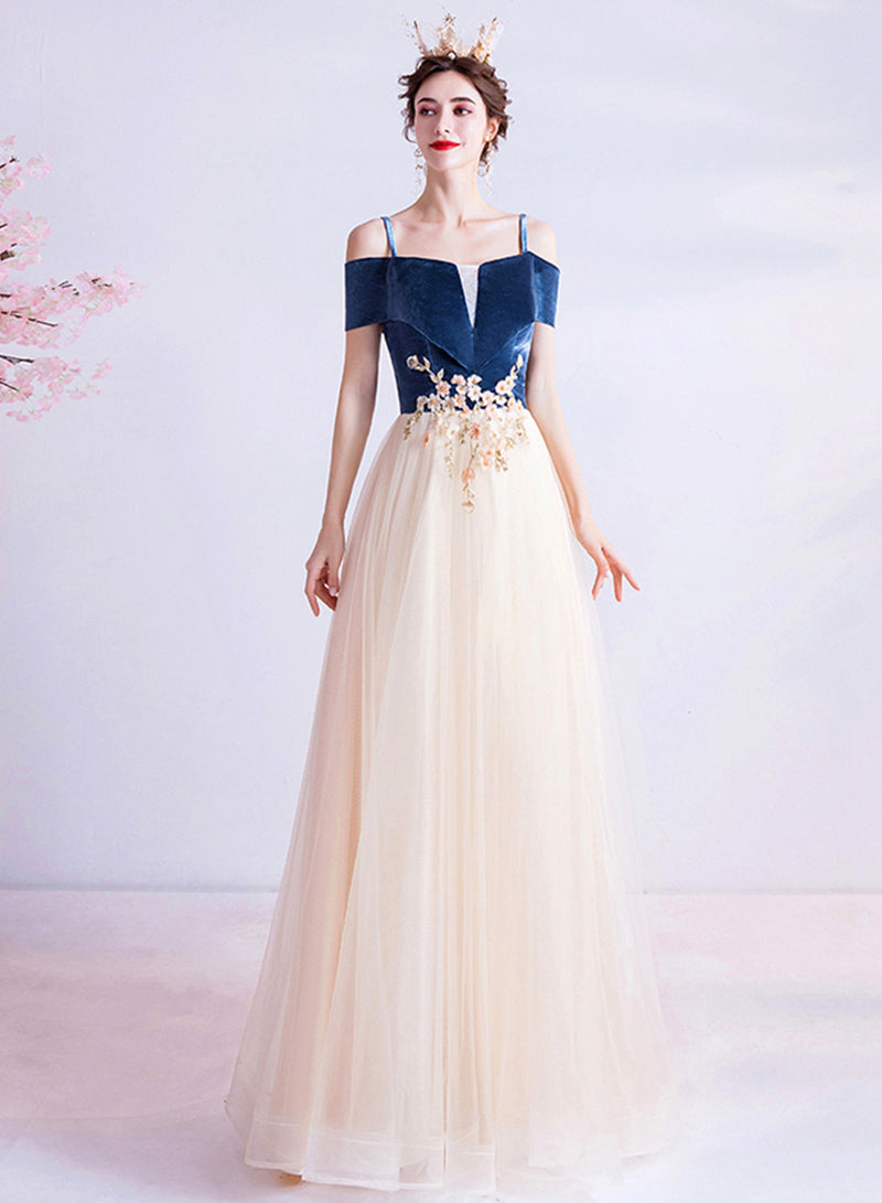 Blue Velvet and Champagne Tulle Long Prom Dress