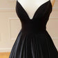 Black V-Neck Velvet Long Prom Dress, Black Spaghetti Strap Evening Party Dress