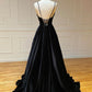 Black V-Neck Velvet Long Prom Dress, Black Spaghetti Strap Evening Party Dress