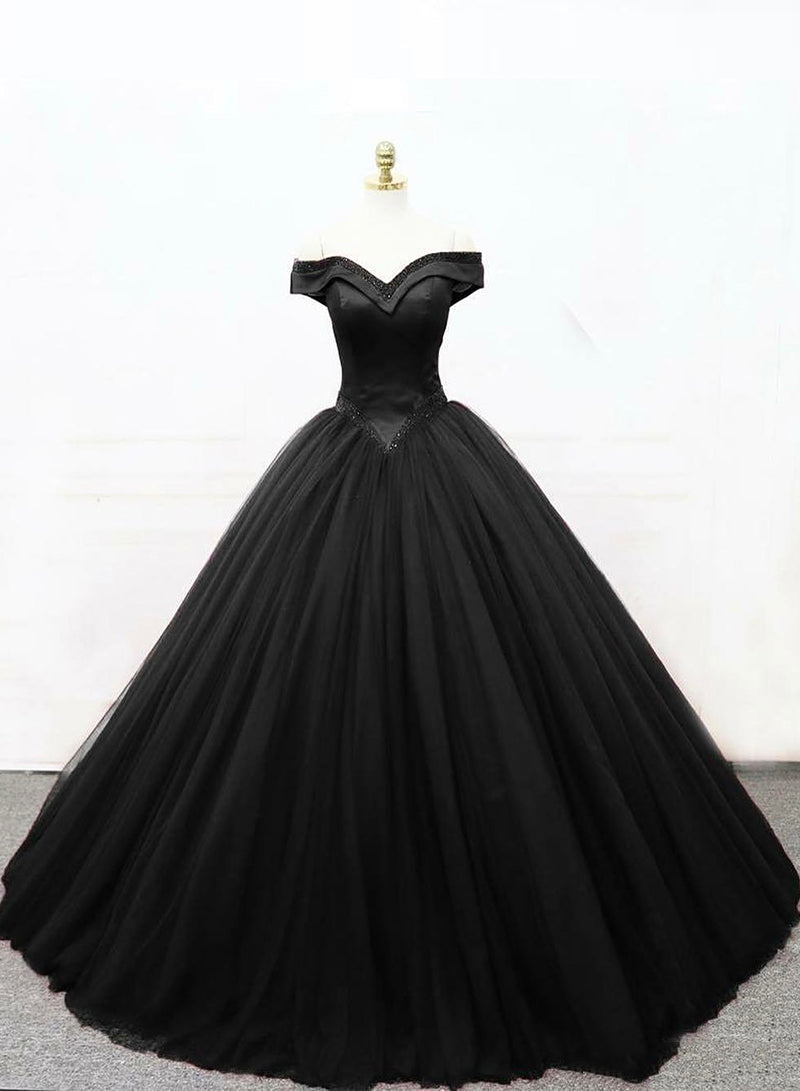 Black Princess Ball Gown, Black Off the Shoulder Evening Party Dress