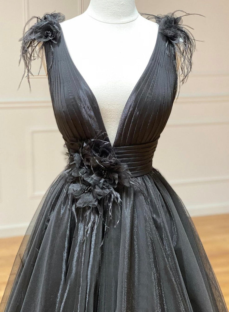Black V-Neck Tulle Floor Length Prom Dress