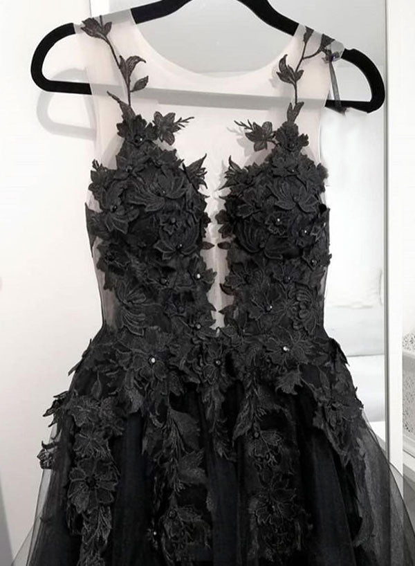 Black Tulle Lace Long Prom Dress, A-Line Black Evening Party Dress