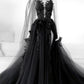 Black Tulle Lace Long Prom Dress, Black A-Line Backless Evening Dress