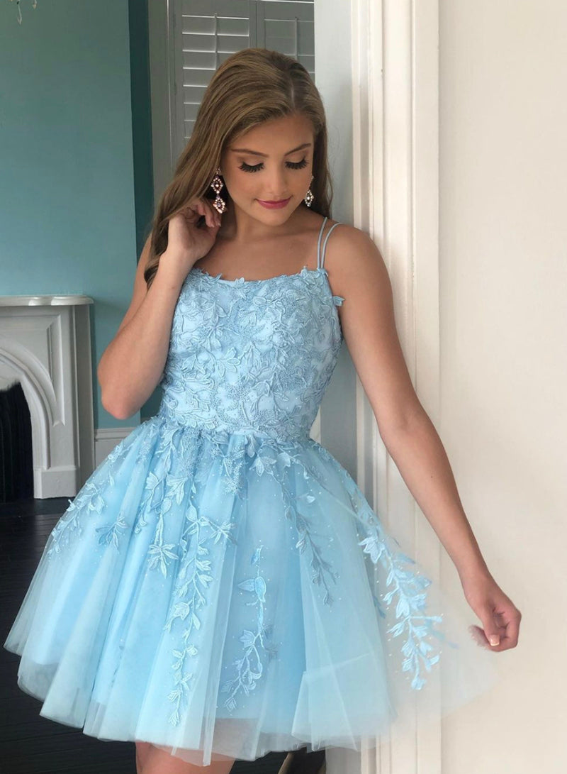 Blue Tulle Lace Short Prom Dress, A-Line Backless Homecoming Dress
