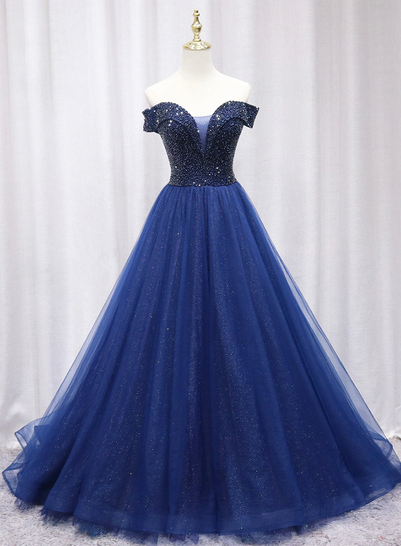 Blue Tulle Beaded Long Prom Dress, Off the Shoulder Evening Party Dress
