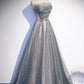 Gray Strapless Tulle Beaded Long Prom Dress, Gray A-Line Evening Party Dress
