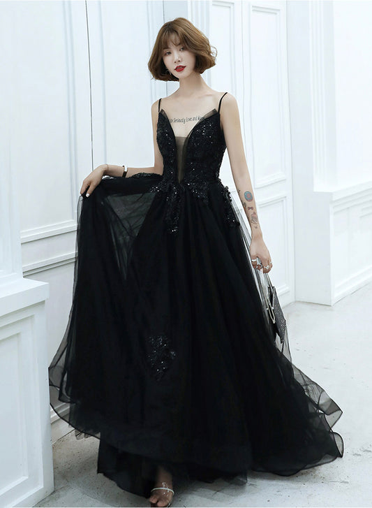 Black tulle lace long prom dress evening dress