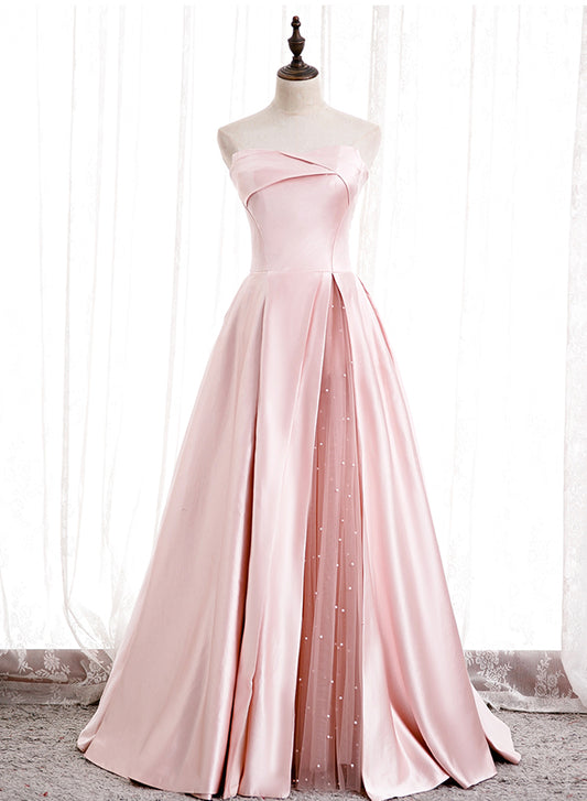 Pink satin long prom dress pink evening dress