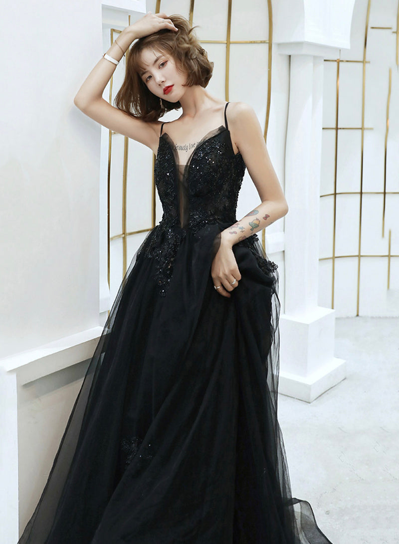 Black Spaghetti Strap Tulle Long Prom Dress, A-Line V-Neck Evening Dress