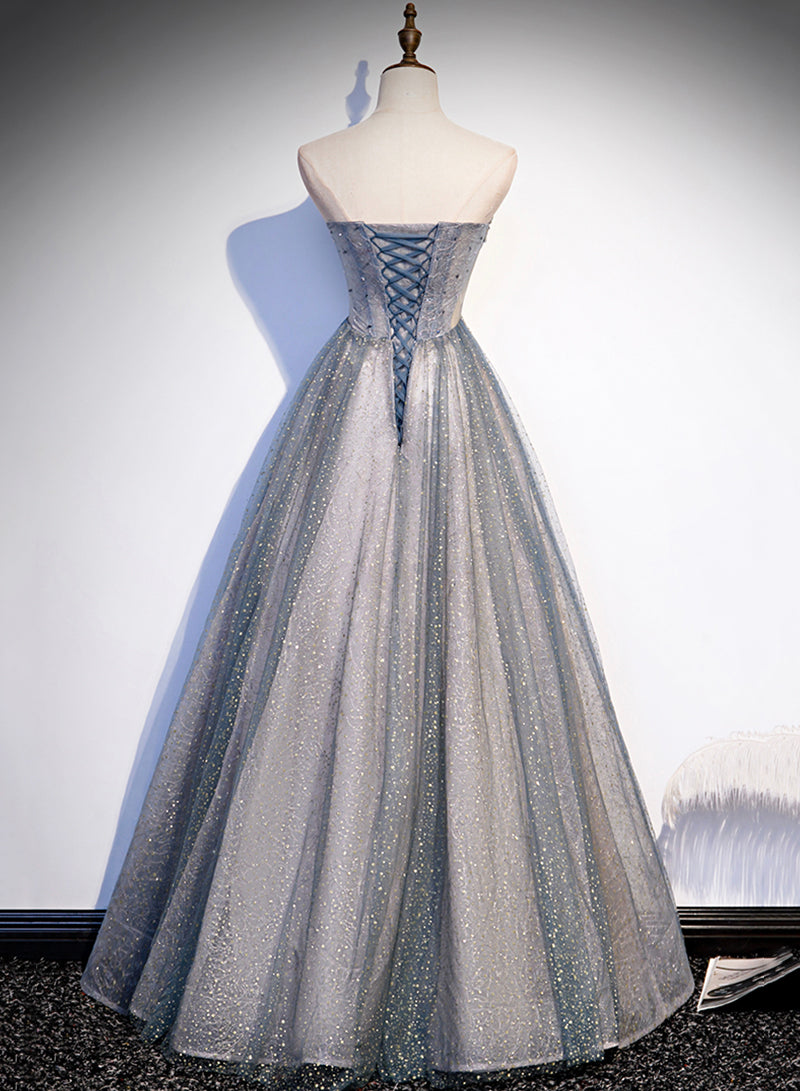 Gray Strapless Tulle Beaded Long Prom Dress, Gray A-Line Evening Party Dress