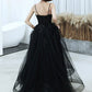 Black Spaghetti Strap Tulle Long Prom Dress, A-Line V-Neck Evening Dress