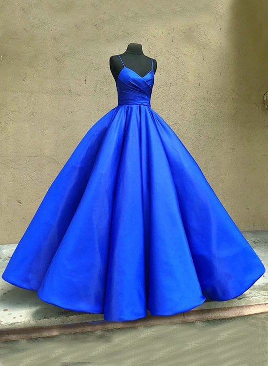 Blue Spaghetti Strap V-Neck Satin Long Prom Dress, Blue A-Line Evening Dress